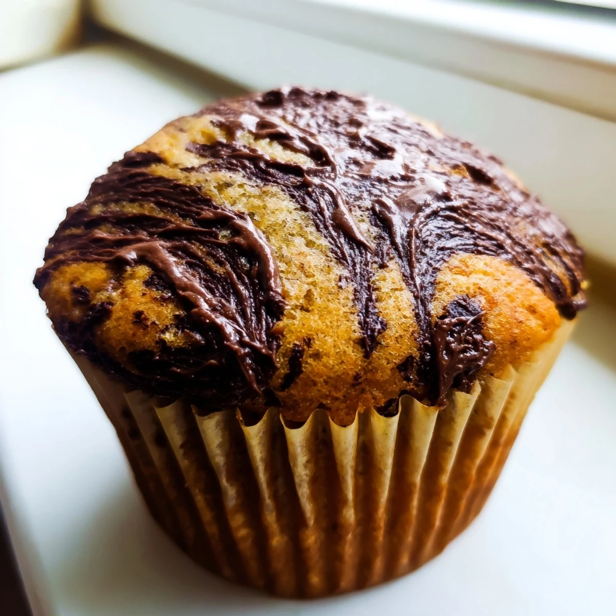 Moist banana muffins featuring a luscious Nutella swirl baked to golden perfection
