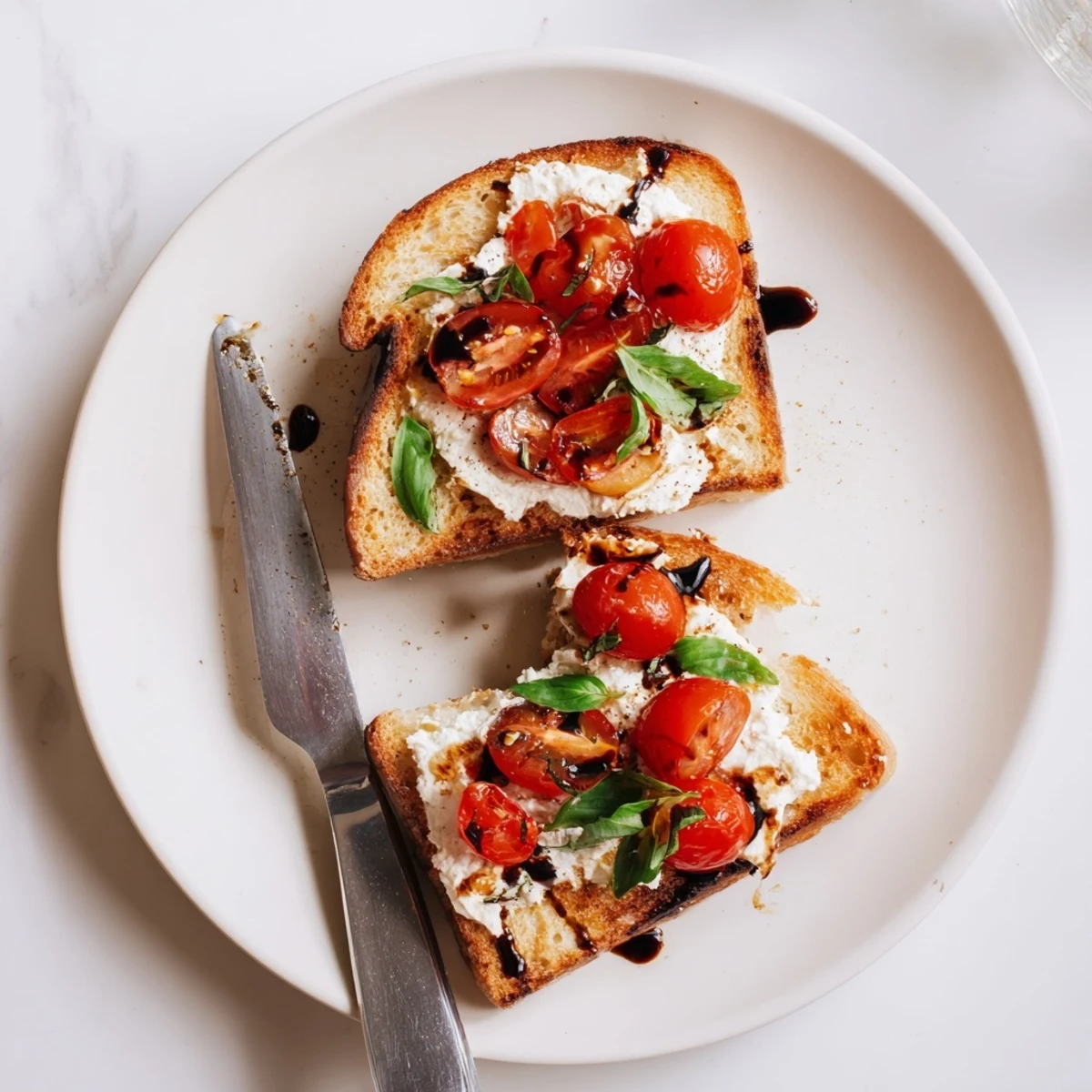Golden sourdough toast topped with creamy ricotta and juicy cherry tomatoes