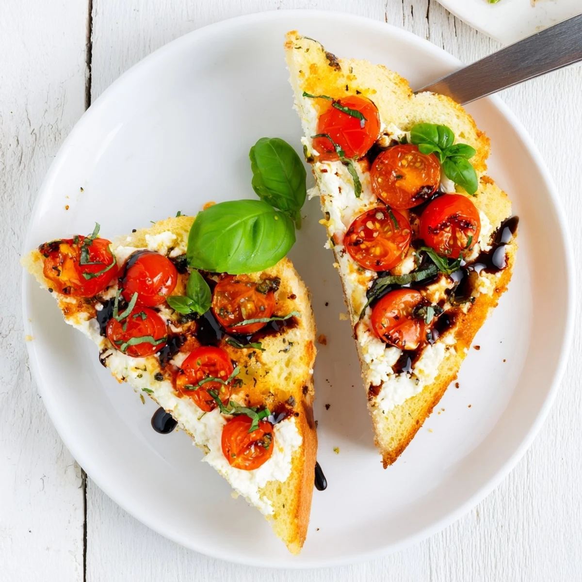 Ricotta tomato sourdough toast drizzled with balsamic glaze and fresh basil