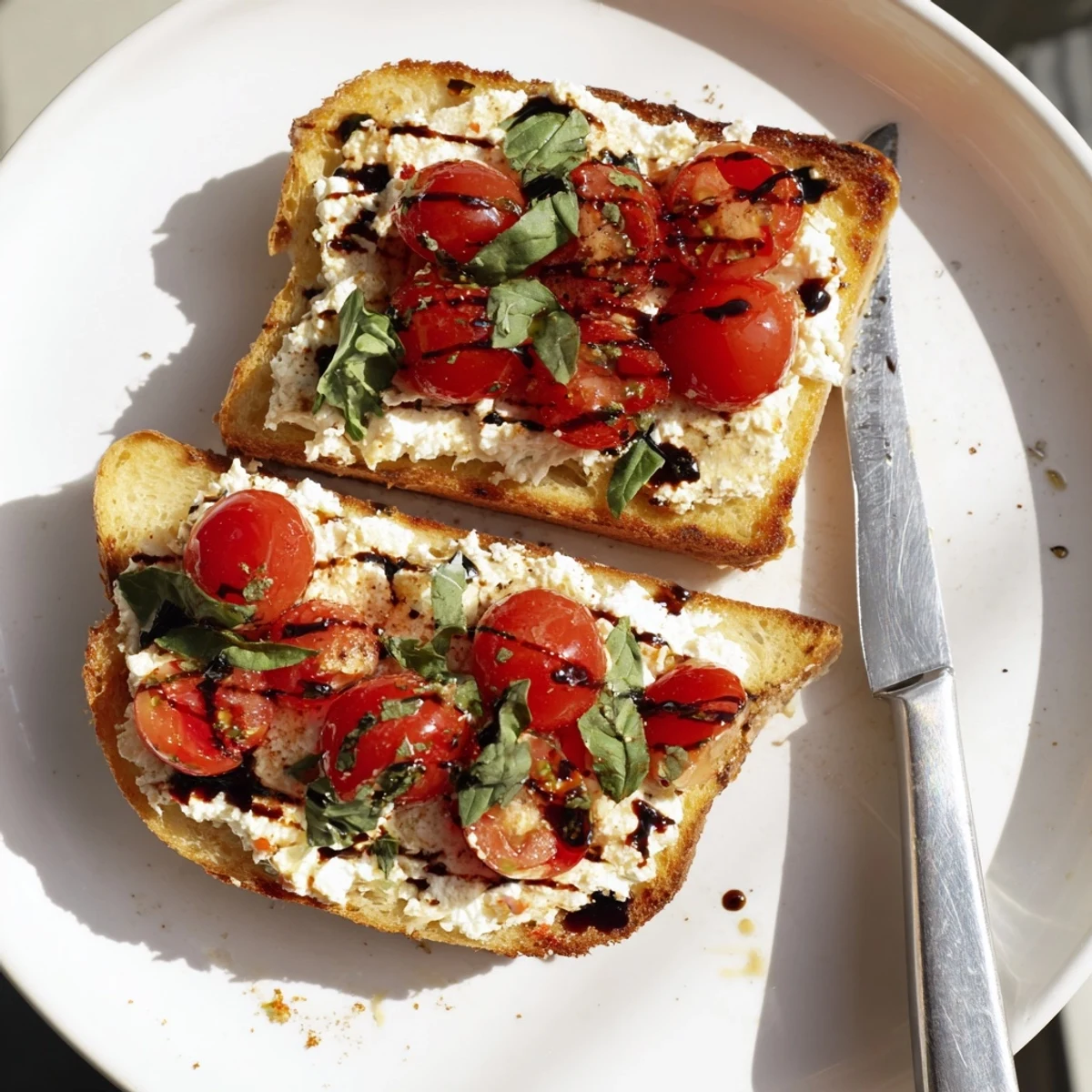 Vibrant Mediterranean breakfast toast featuring whipped ricotta and ripe tomato halves