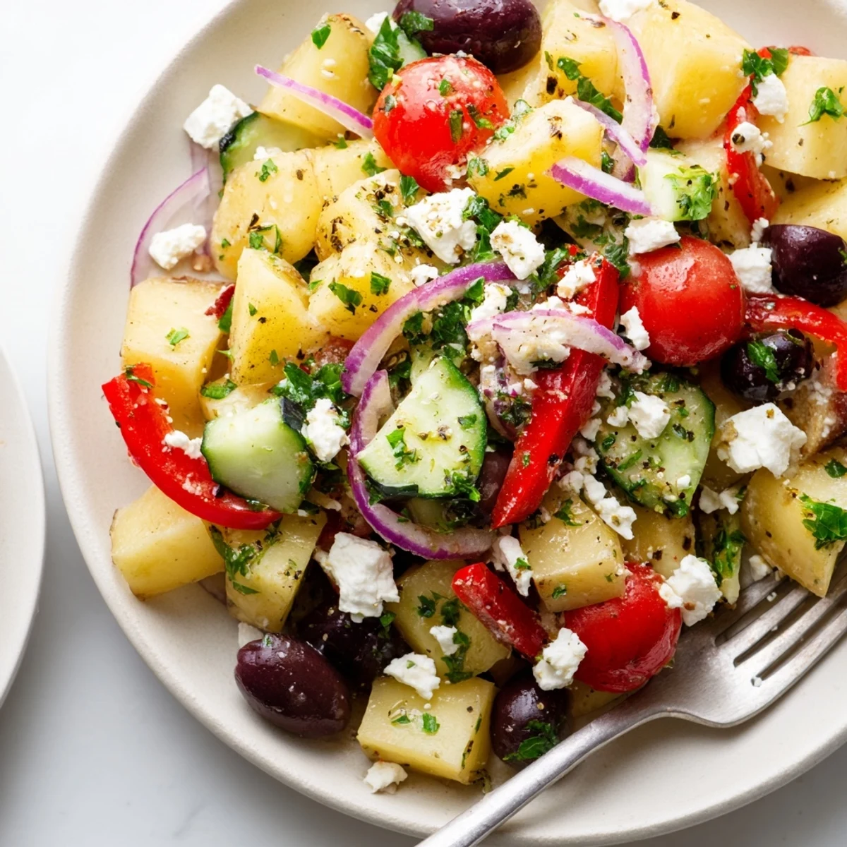 Vibrant summer Greek potato salad featuring diced cucumbers, cherry tomatoes, red onion, and Kalamata olives in a refreshing lemon-oregano vinaigrette