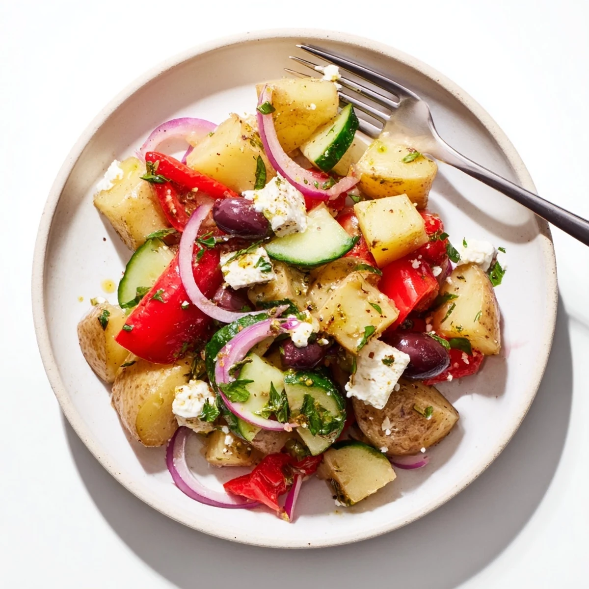Colorful Greek potato salad bowl with tender potatoes, crisp vegetables, olives, and crumbled feta cheese drizzled with zesty lemon dressing
