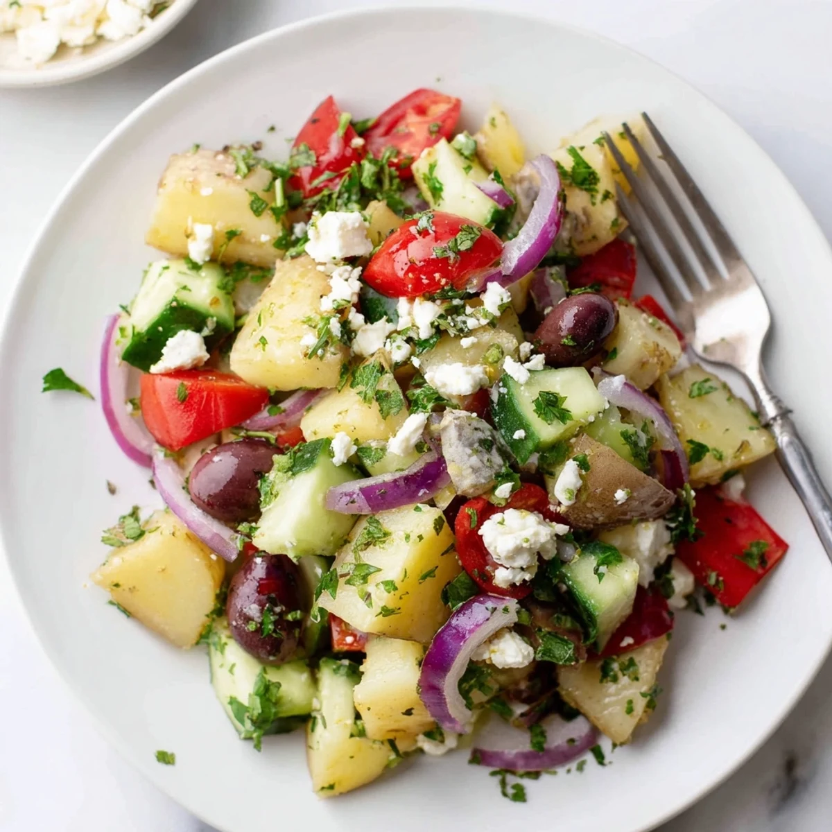 Creamy Greek potato salad with Yukon Gold potatoes, red bell pepper chunks, parsley, and tangy feta perfect for picnics and gatherings