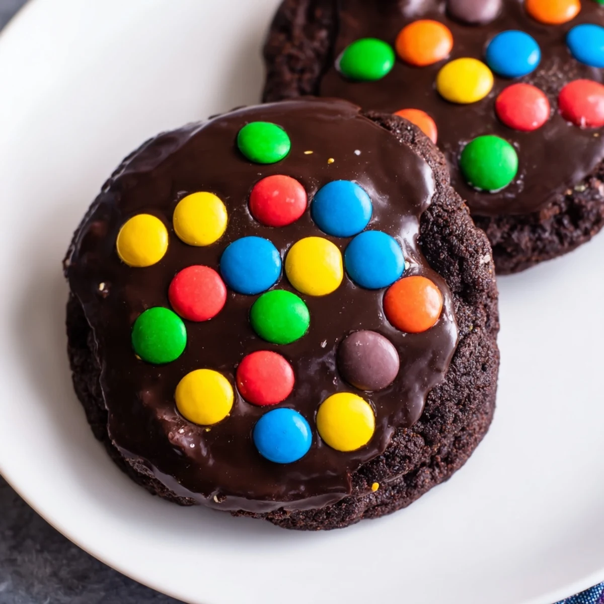 Fudgy Cosmic Brownie Cookies topped with glossy chocolate ganache and colorful rainbow candy chips
