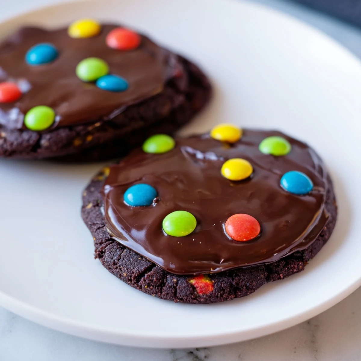 Rich chocolate Cosmic Brownie Cookies spread with smooth ganache and sprinkled with bright candy-coated chocolates