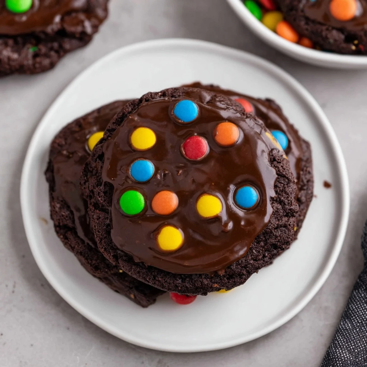 Homemade Cosmic Brownie Cookies featuring fudgy texture, shiny chocolate topping, and playful rainbow candy bits
