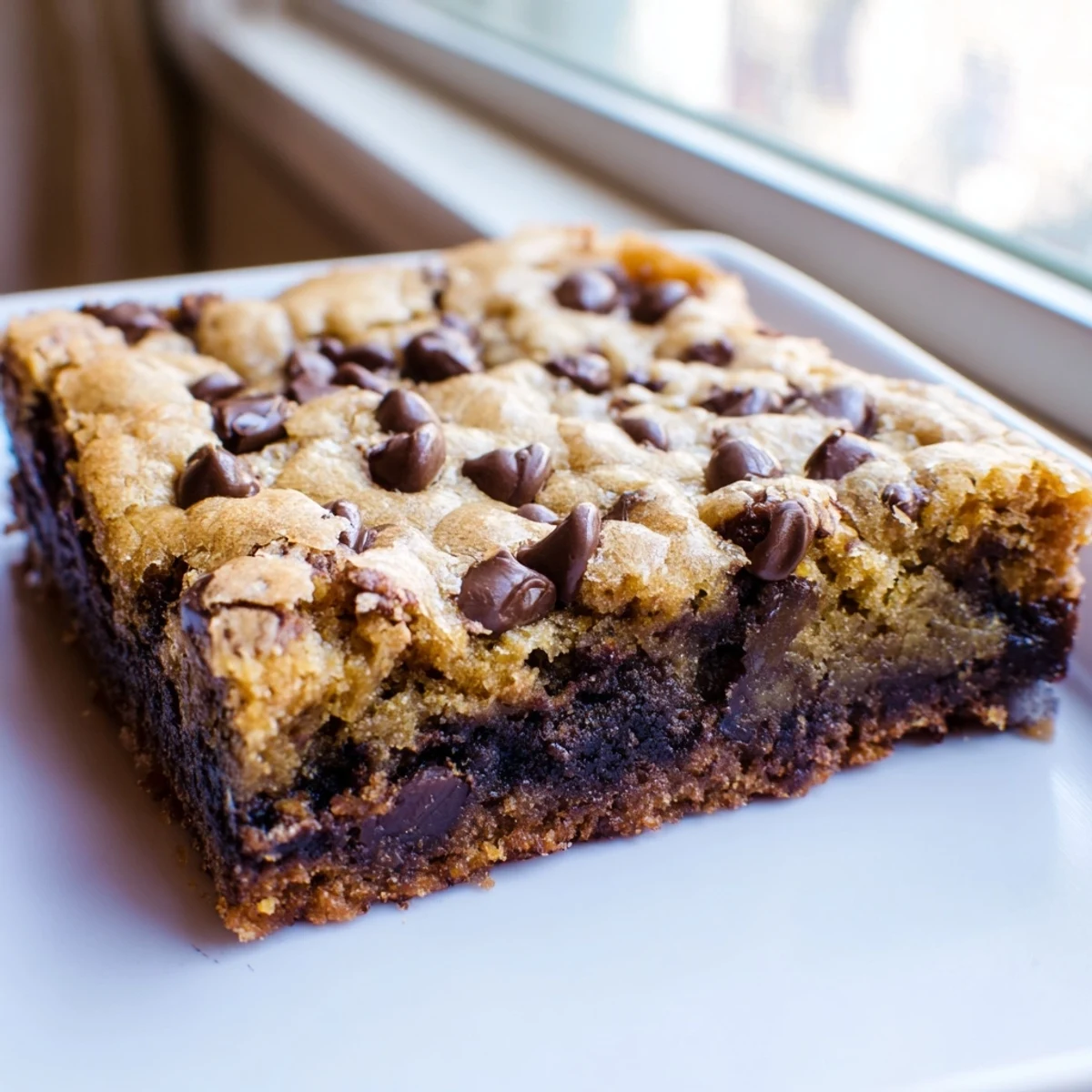 Decadent chocolate chip cookie brownies showcasing a dual layered dessert with crisp edges