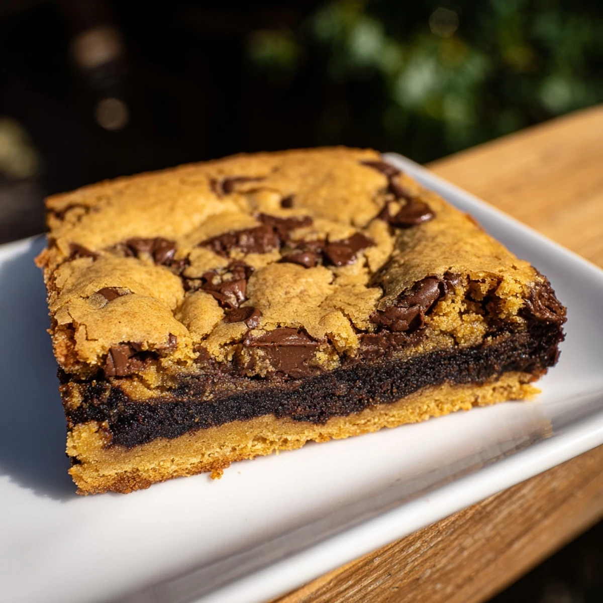 Golden chocolate chip cookie brownie bars with melty chips and fudgy layered texture