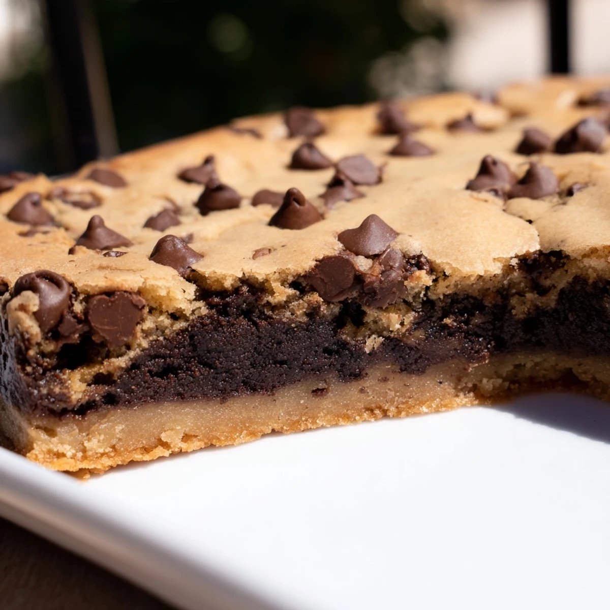 Thick sliced chocolate chip cookie brownies plated on a white serving board
