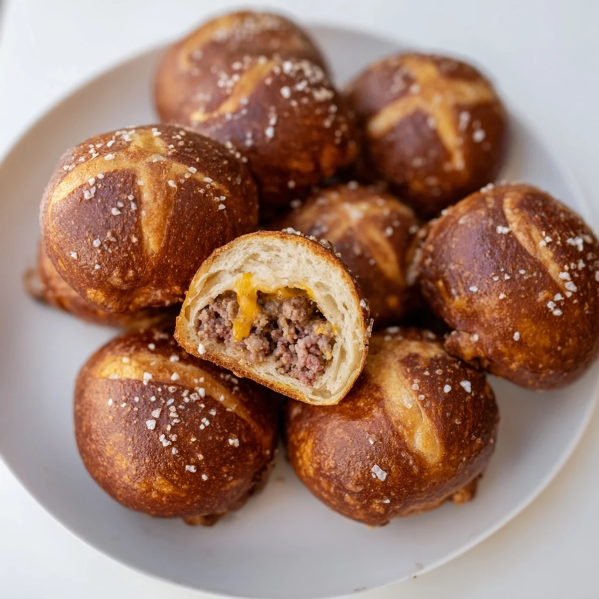 Golden brown cheeseburger pretzel bombs with melted cheddar peeking through soft pretzel crust