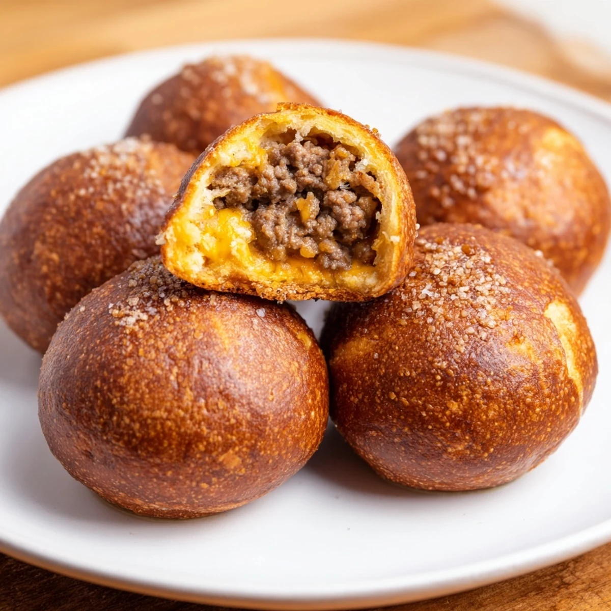 Bite-sized pretzel bombs stuffed with seasoned ground beef and melted cheese on wooden board