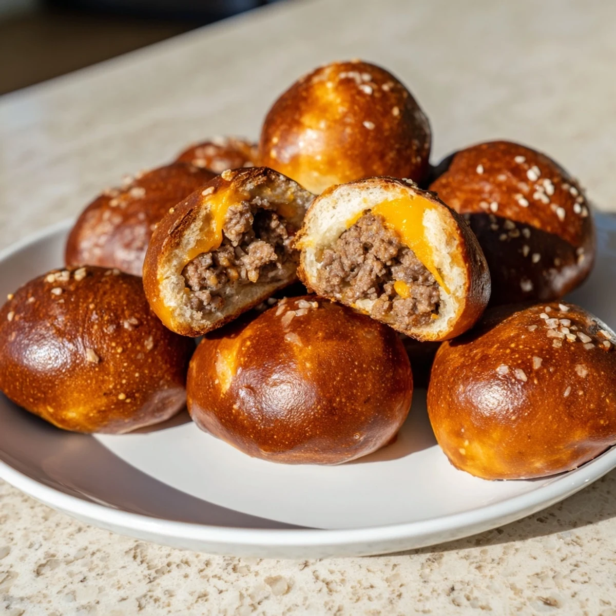 Warm cheeseburger pretzel bombs sprinkled with coarse salt ready for game day dipping