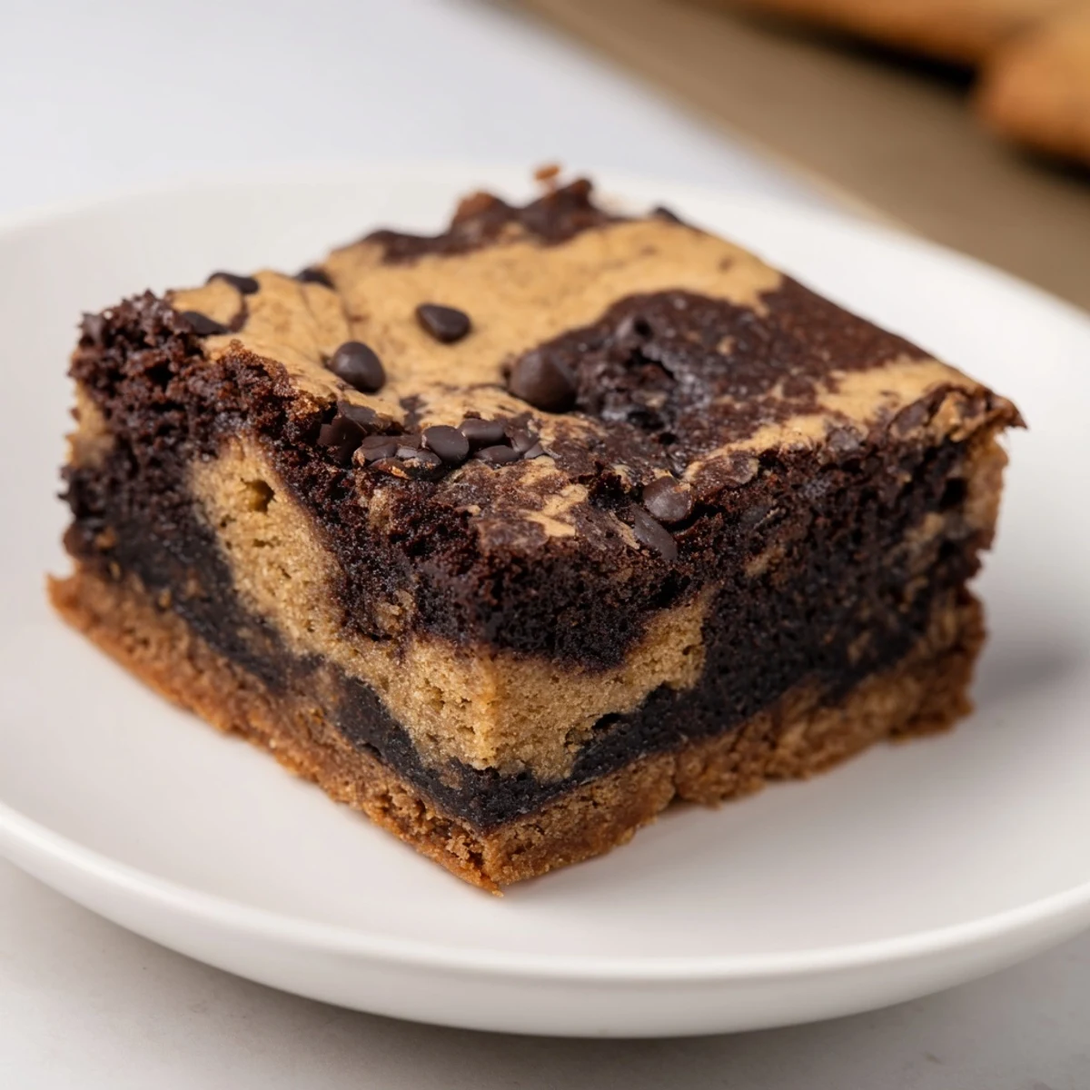 Fudgy chewy browkies with crackly cookie top studded with melted chocolate chips