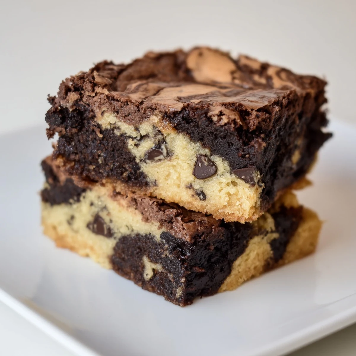 Square of fudgy chewy browkies showing marbled brownie and cookie layers on white plate