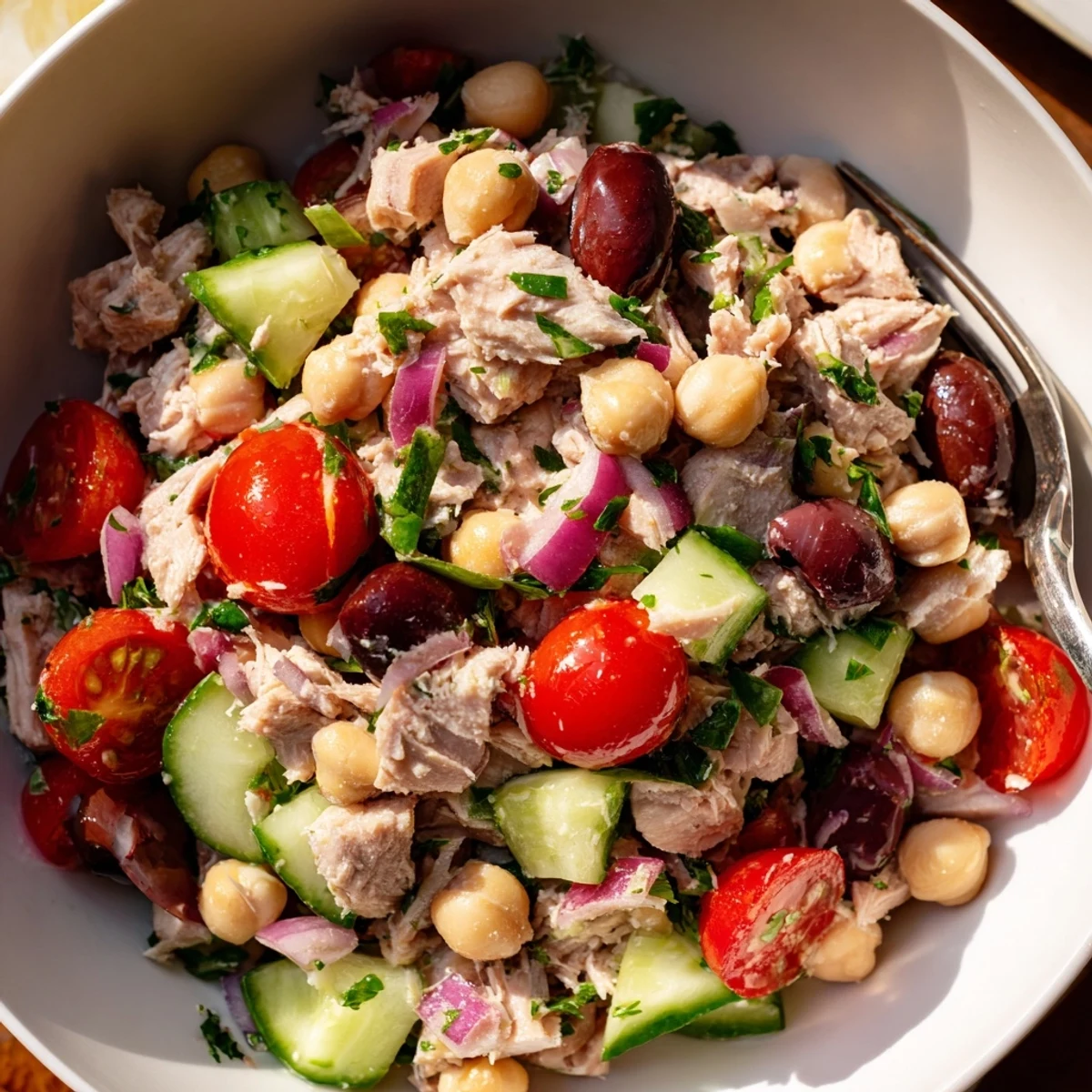 Protein-rich tuna and garbanzo bean salad with fresh parsley and red onion in bright citrus dressing