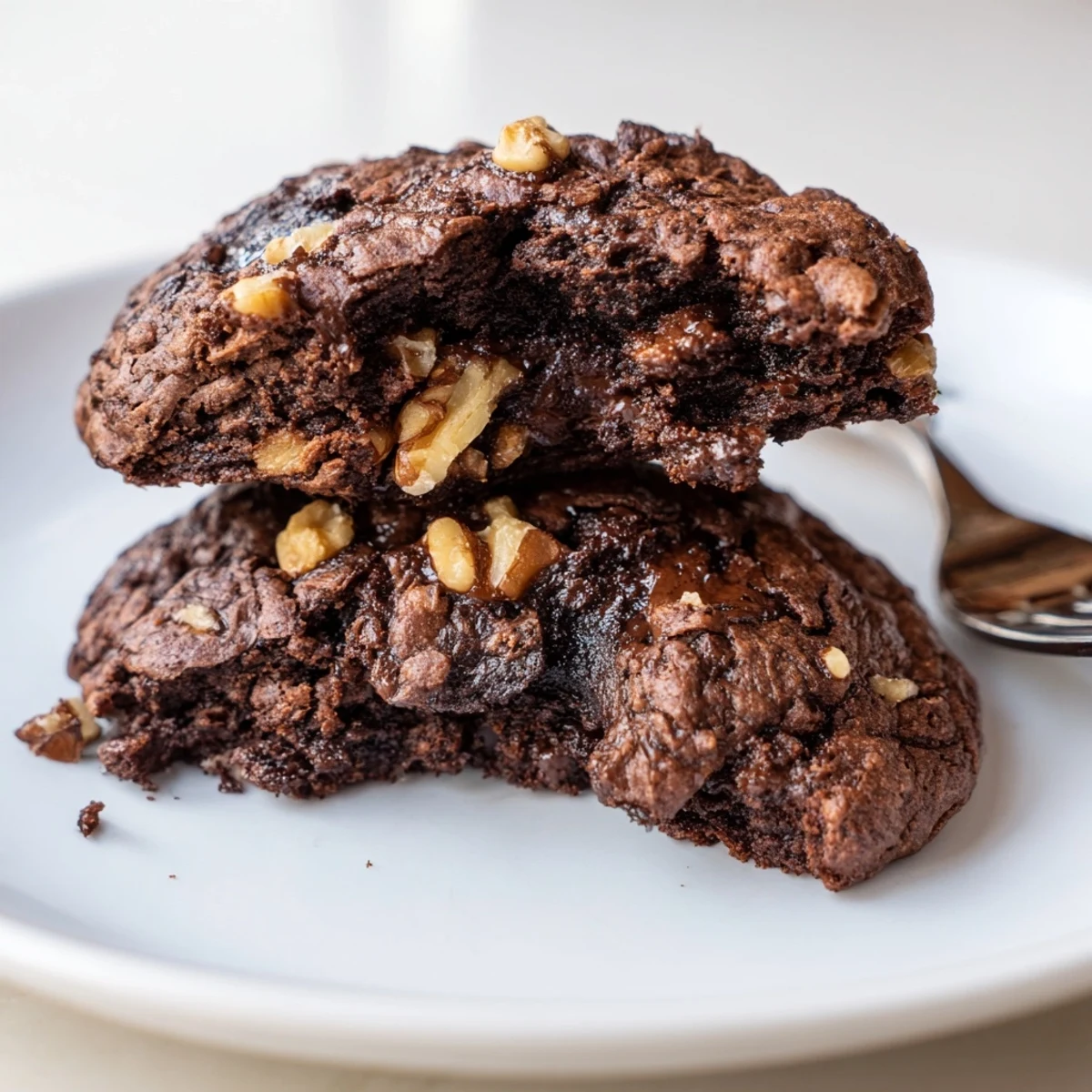 Plate of rich sourdough brownie cookies garnished with walnuts and dark chocolate chips
