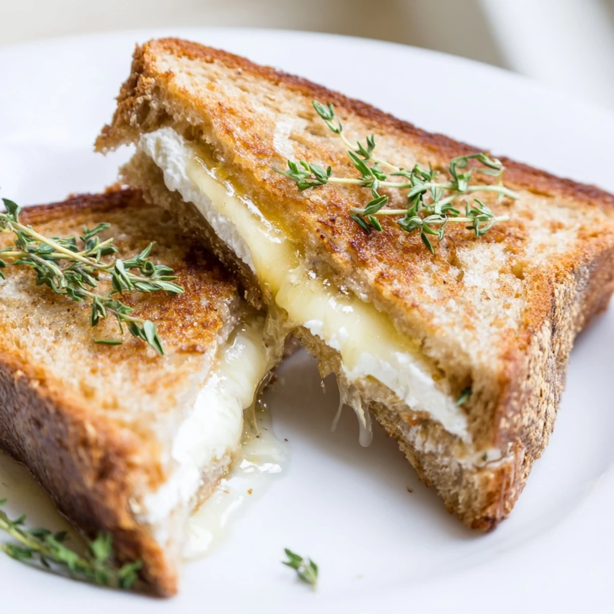 Golden brown goat cheese and honey grilled cheese sandwich with melted cheese dripping from crispy sourdough bread