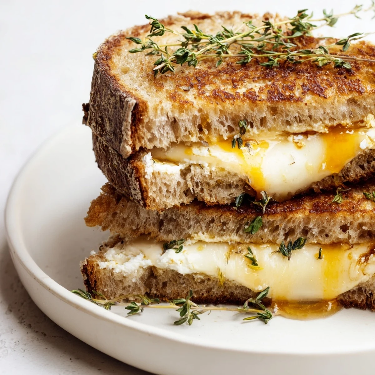 Gourmet goat cheese honey grilled cheese cut diagonally on a wooden board with fresh thyme garnish