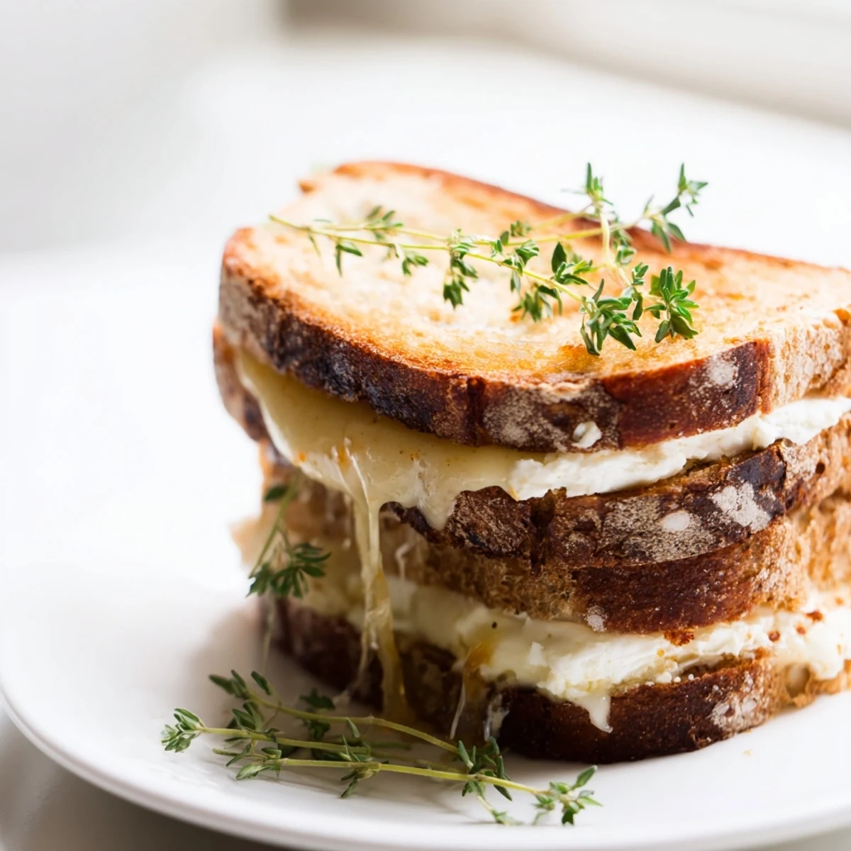 Savory sweet goat cheese and honey grilled cheese oozing creamy filling between buttery toasted rustic bread slices