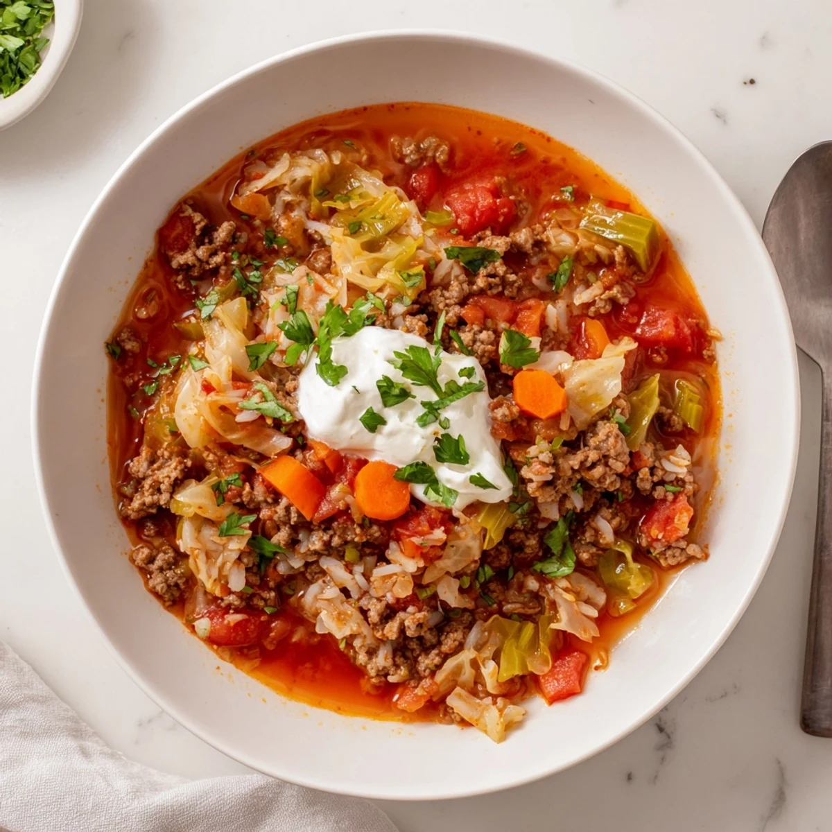 Savory unstuffed cabbage roll soup simmering with ground beef, cabbage, and fluffy rice in Dutch oven