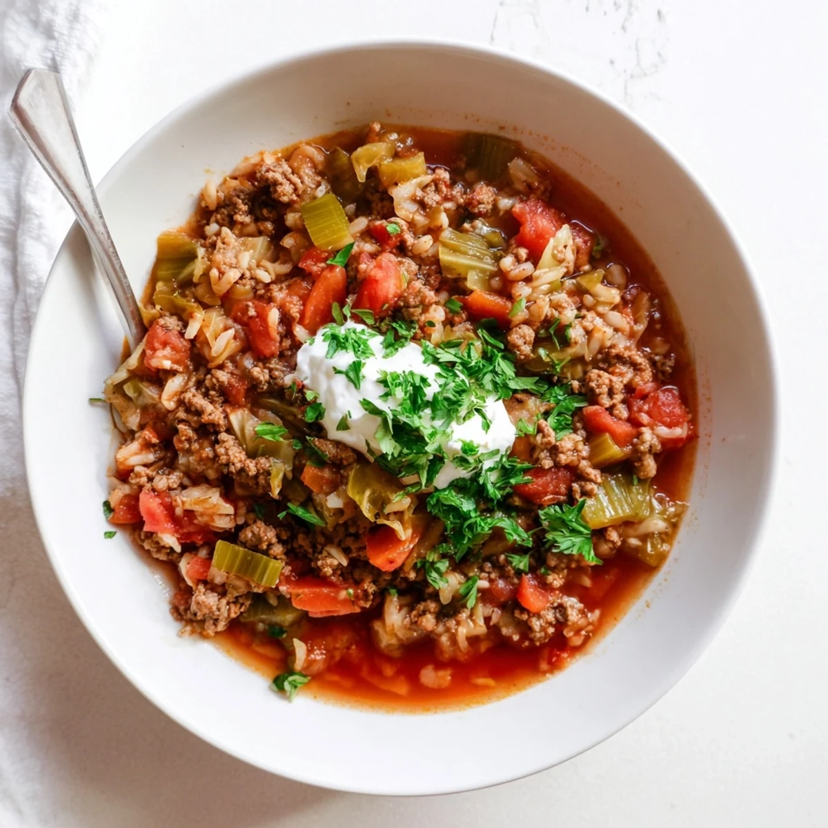 Hearty unstuffed cabbage roll soup bowl with tender beef, rice, and vegetables in rich tomato broth