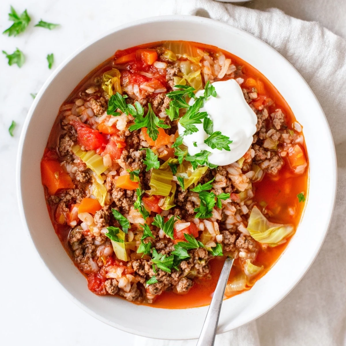 Steaming unstuffed cabbage roll soup garnished with fresh parsley and optional sour cream serving