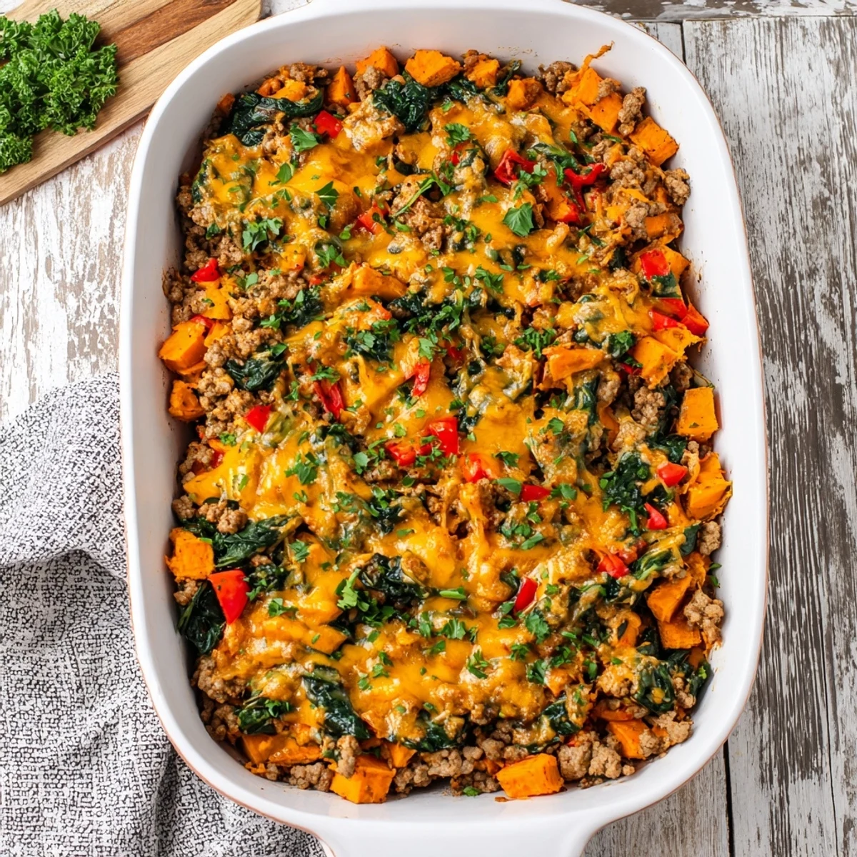 Golden brown ground turkey sweet potato bake with melted cheddar cheese and fresh parsley garnish