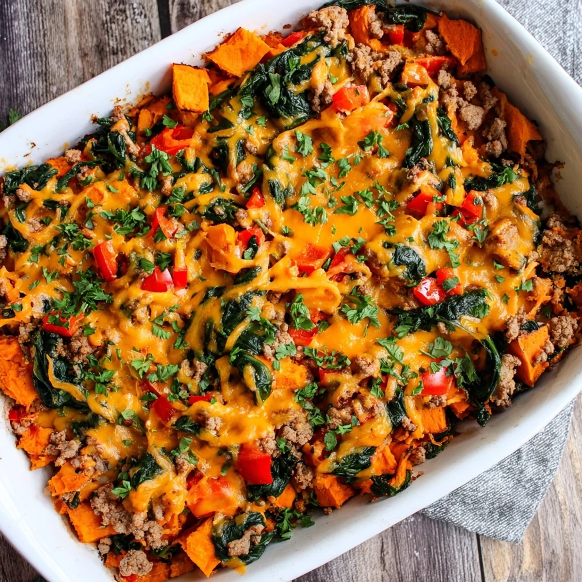 Family-friendly ground turkey sweet potato bake fresh from the oven with bubbling cheese topping
