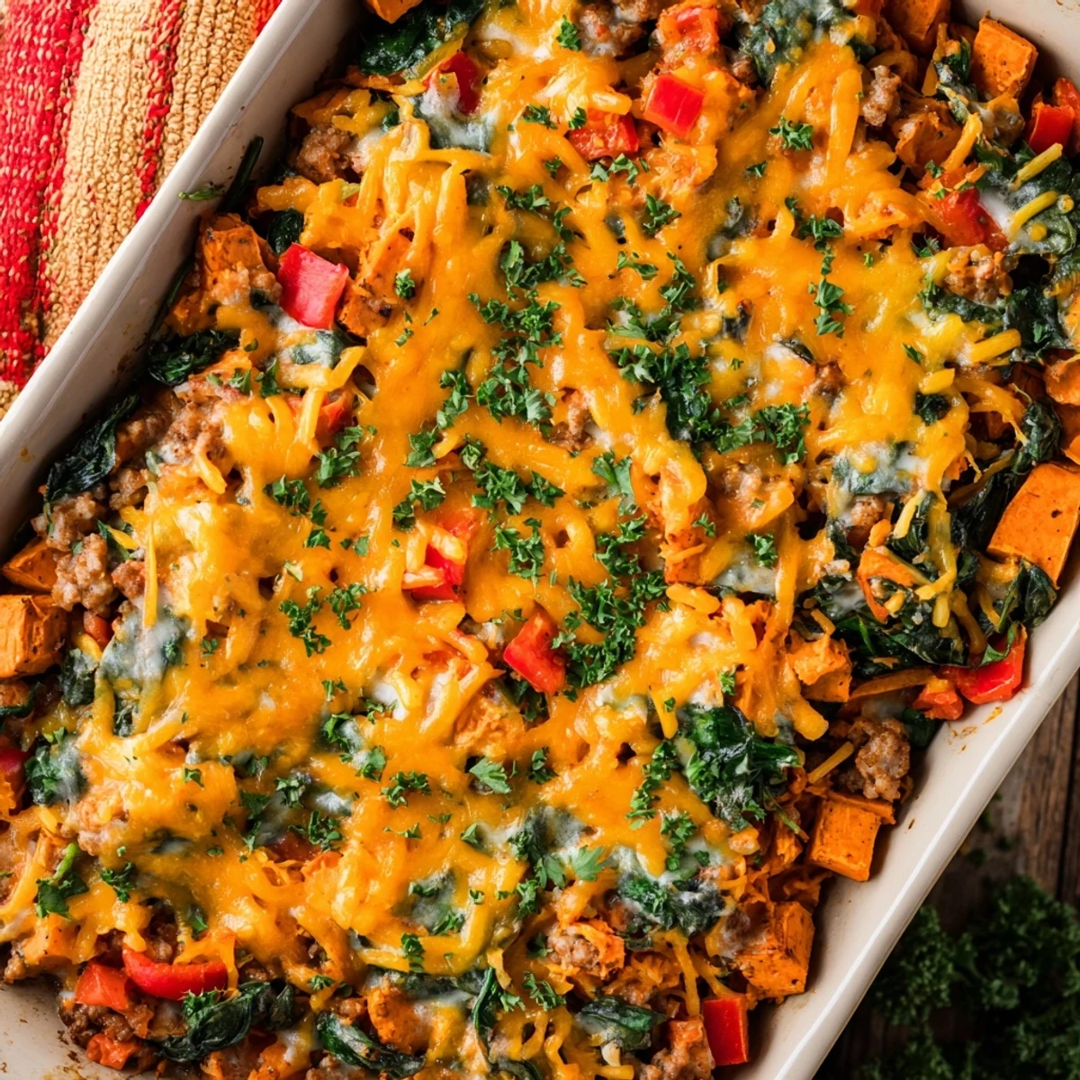 Hearty casserole dish showcasing tender sweet potatoes layered with seasoned turkey and colorful vegetables