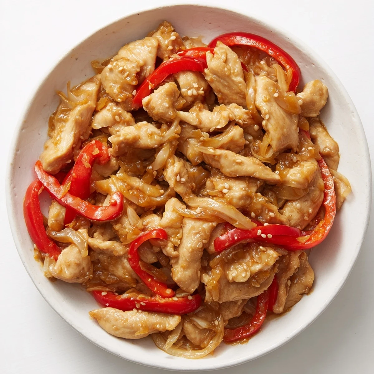 Slow cooker peanut chicken featuring tender shredded meat coated in rich creamy peanut sauce with colorful bell pepper strips