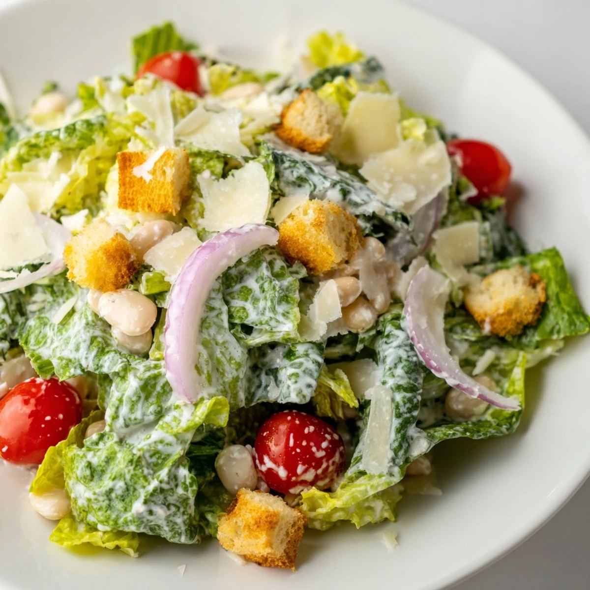 Fresh butter bean Caesar salad with crisp romaine, cherry tomatoes, and creamy homemade dressing