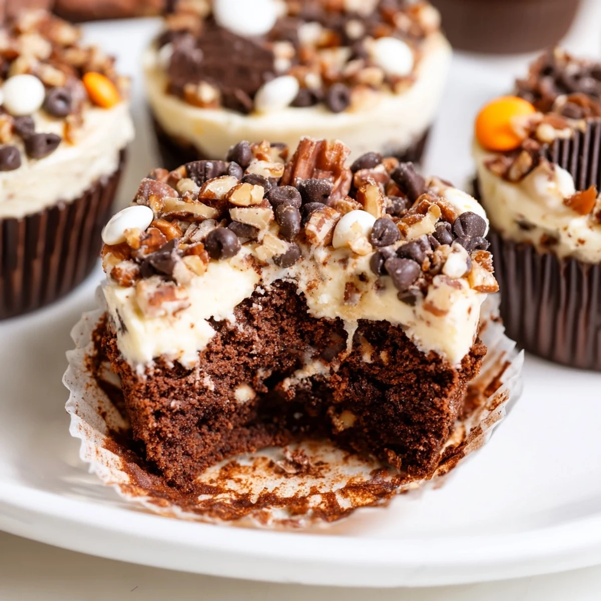 Decadent loaded brownie cheesecake cups with Oreo crumbs, nuts, and melted chocolate drizzle on top