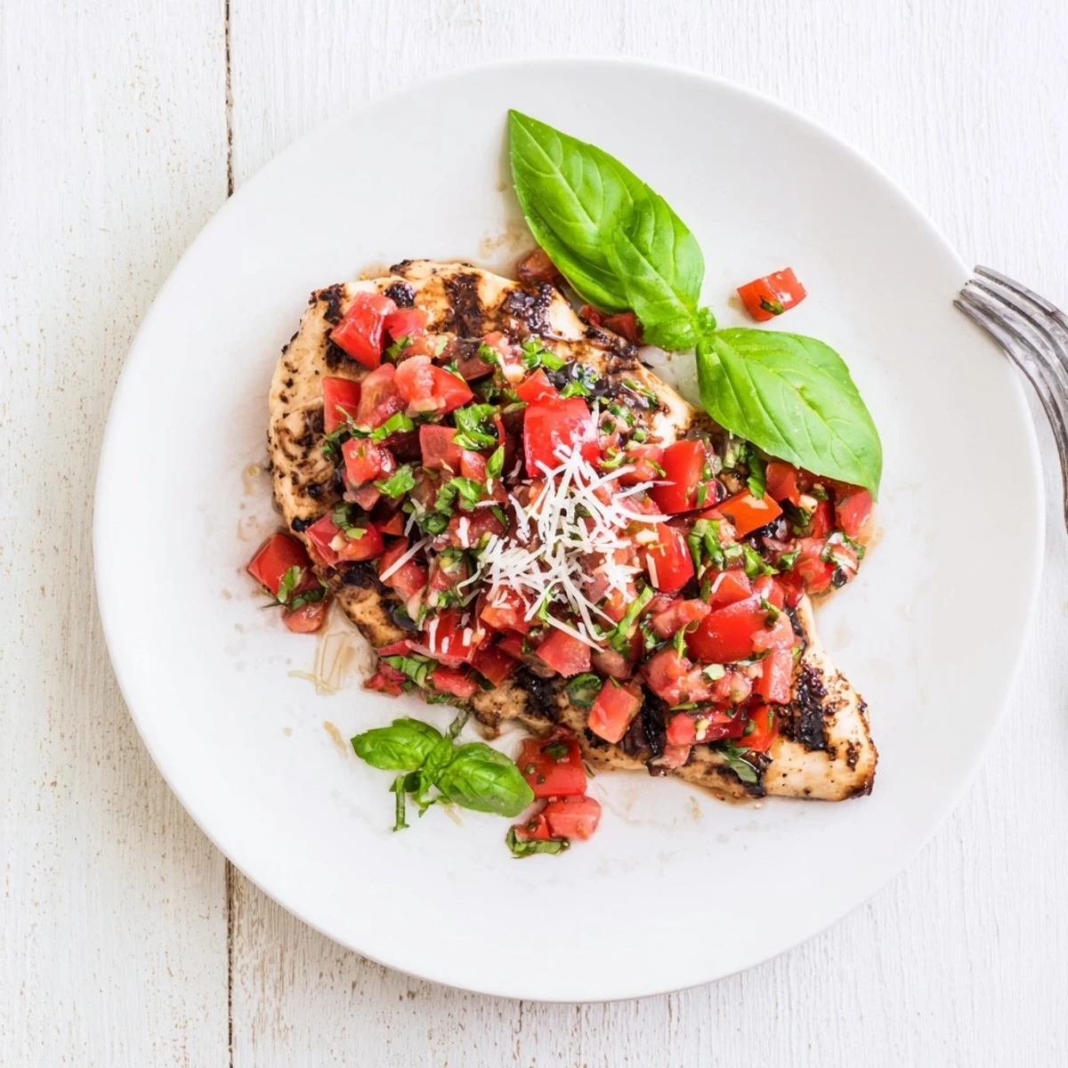 Golden bruschetta chicken breast topped with fresh diced tomatoes and basil