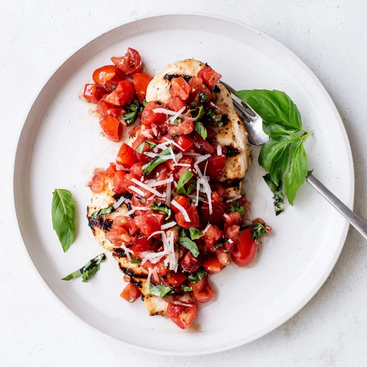 Grilled chicken fillet crowned with colorful bruschetta mixture and Parmesan shavings
