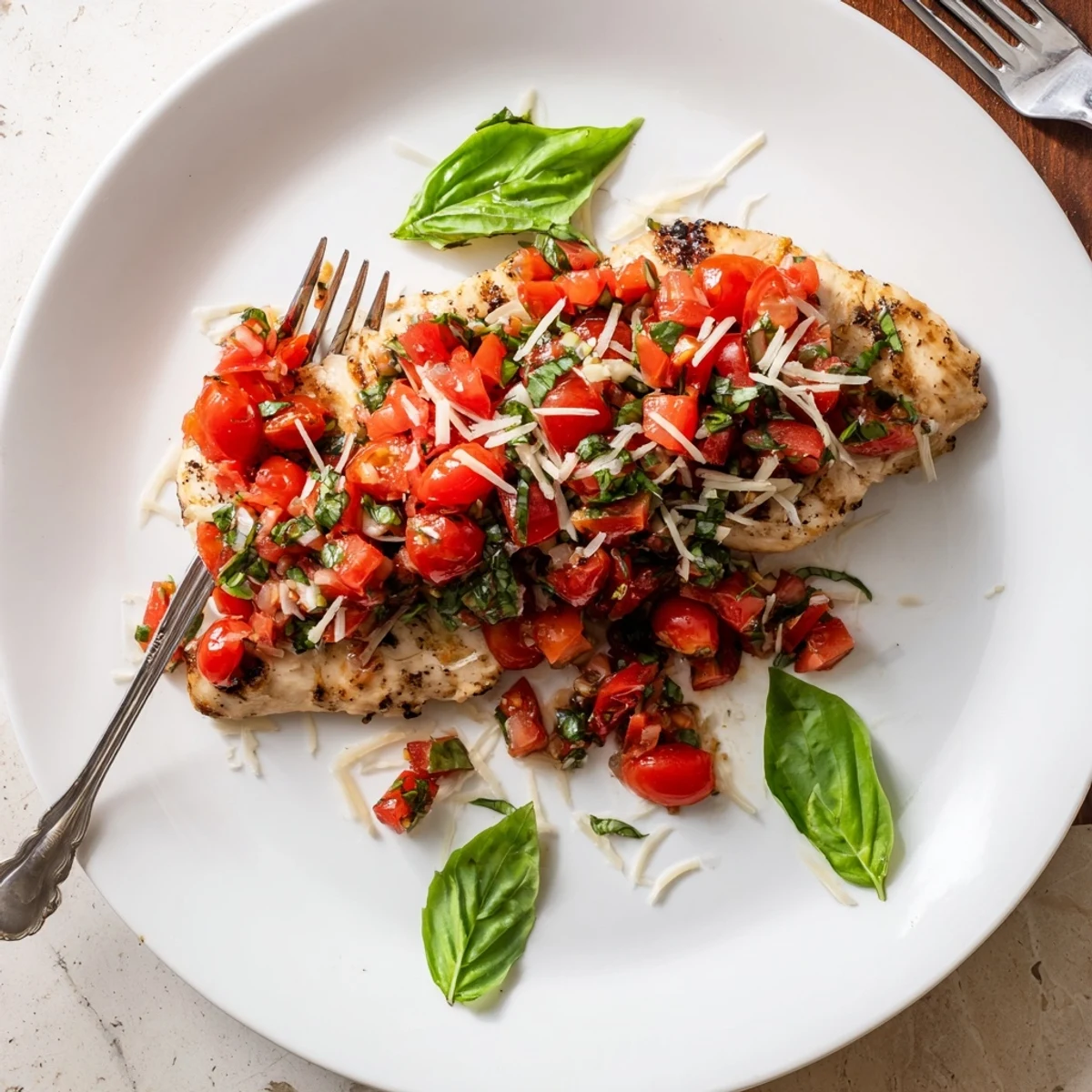 Juicy seasoned chicken topped with vibrant tomato basil bruschetta and balsamic glaze