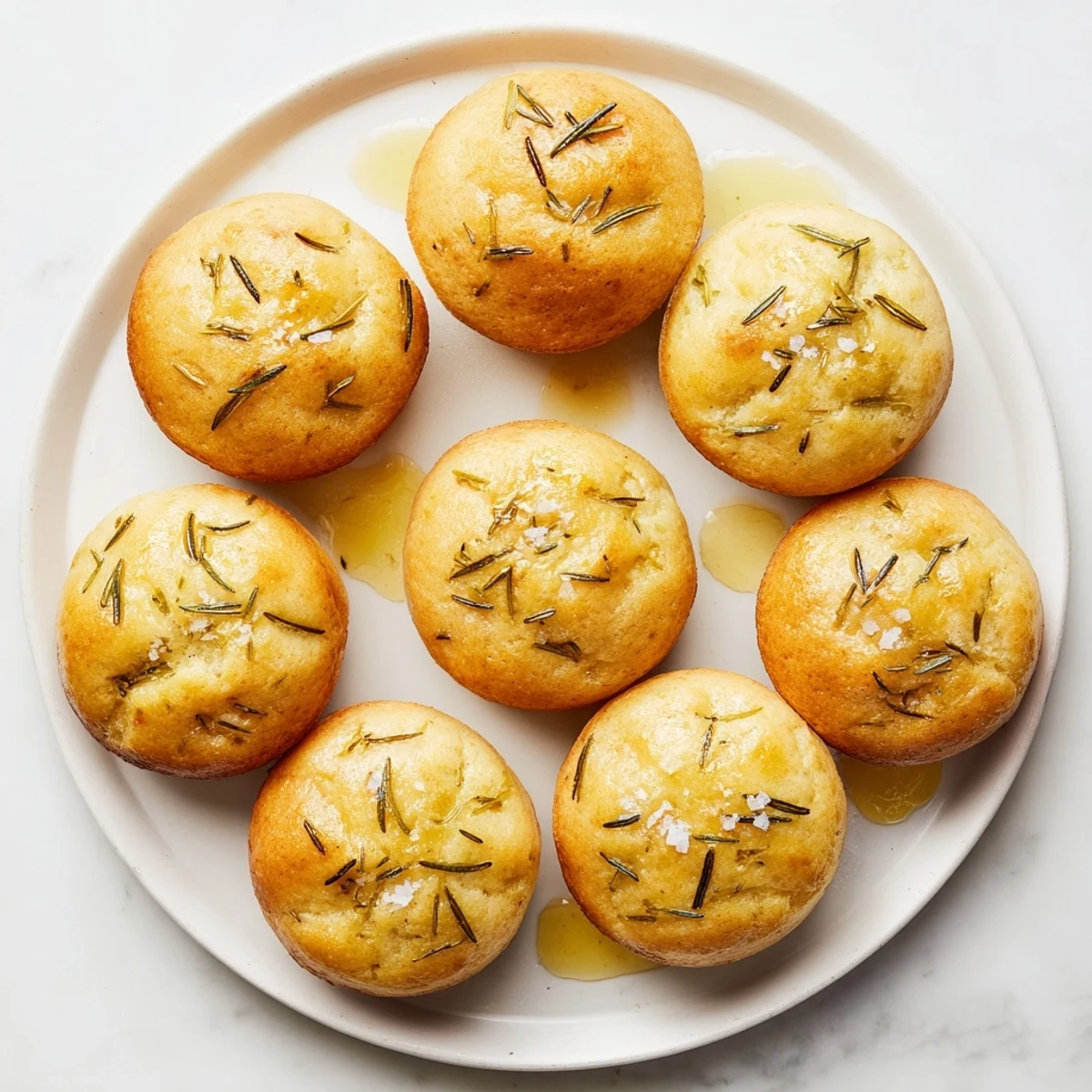 Golden garlic rosemary focaccia muffins sprinkled with flaky sea salt and fresh herbs