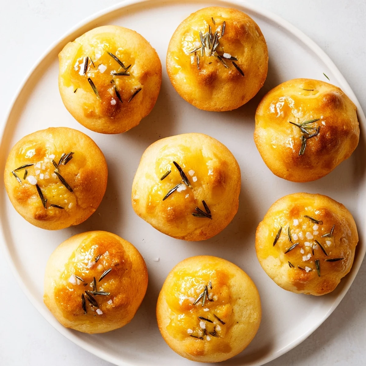 Savory Italian focaccia muffins topped with olive oil and chopped rosemary on wooden board