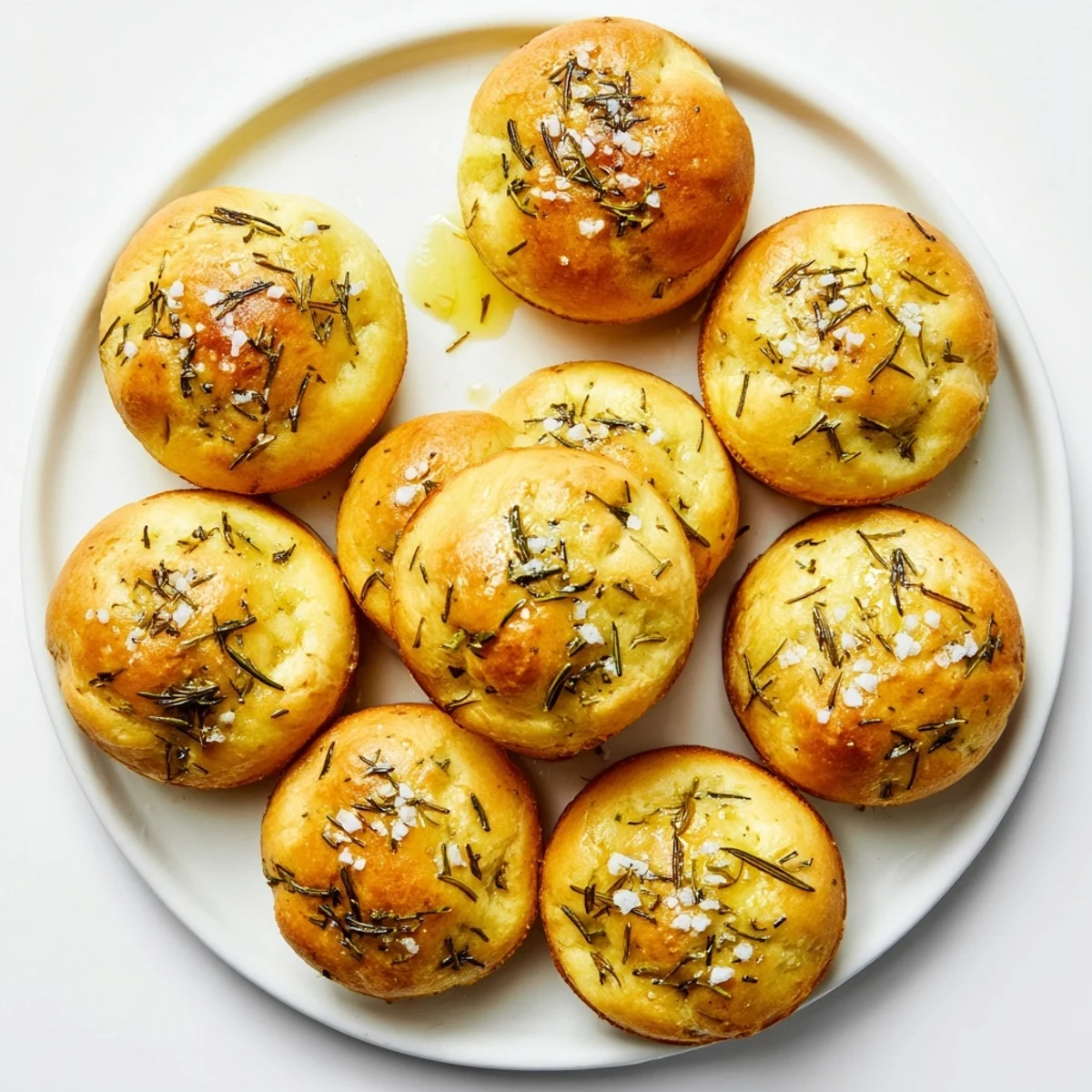 Warm garlic rosemary focaccia muffins brushed with olive oil and sprinkled with coarse salt