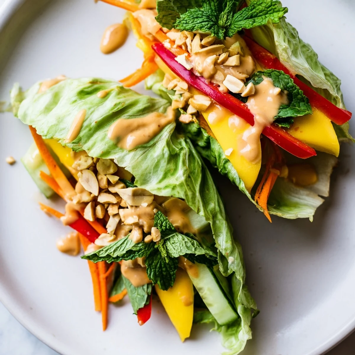 Fresh Thai mango cabbage wraps filled with colorful vegetables and drizzled with creamy peanut sauce