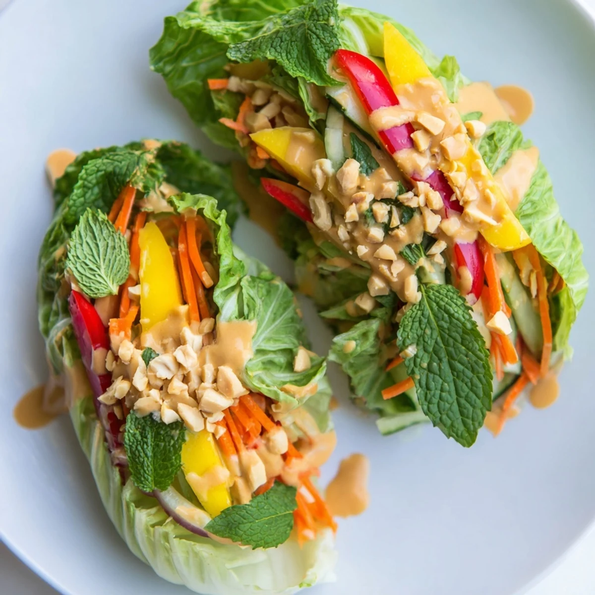 Crisp cabbage cups stuffed with sweet mango strips and crunchy veggies topped with tangy peanut dressing