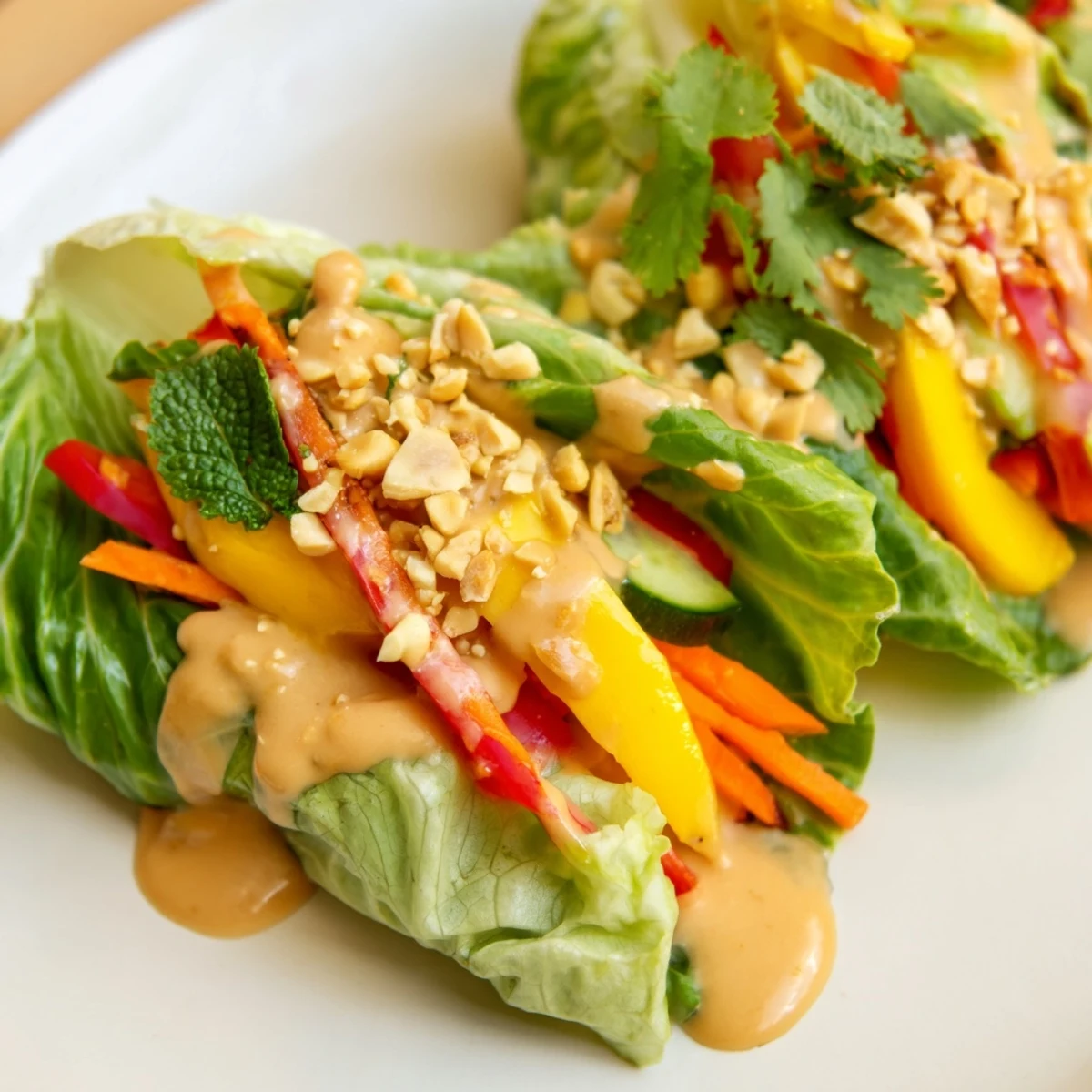 Vibrant Thai-inspired wraps featuring ripe mango, julienned vegetables, and savory peanut sauce on green cabbage leaves