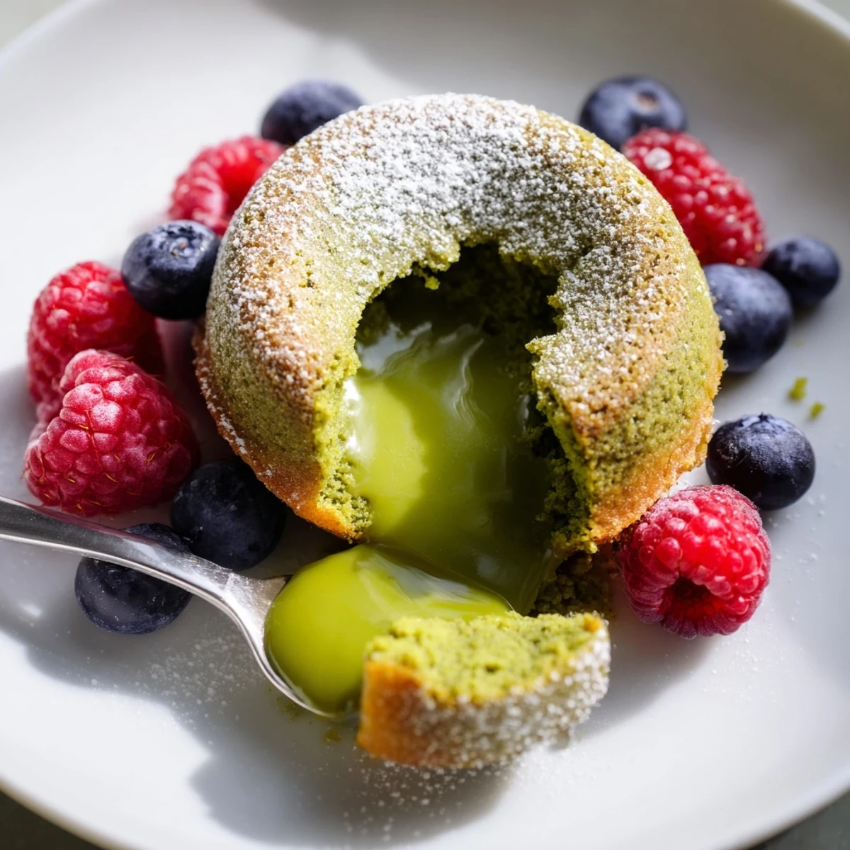 Golden matcha lava cake with molten green tea center flowing onto a white plate