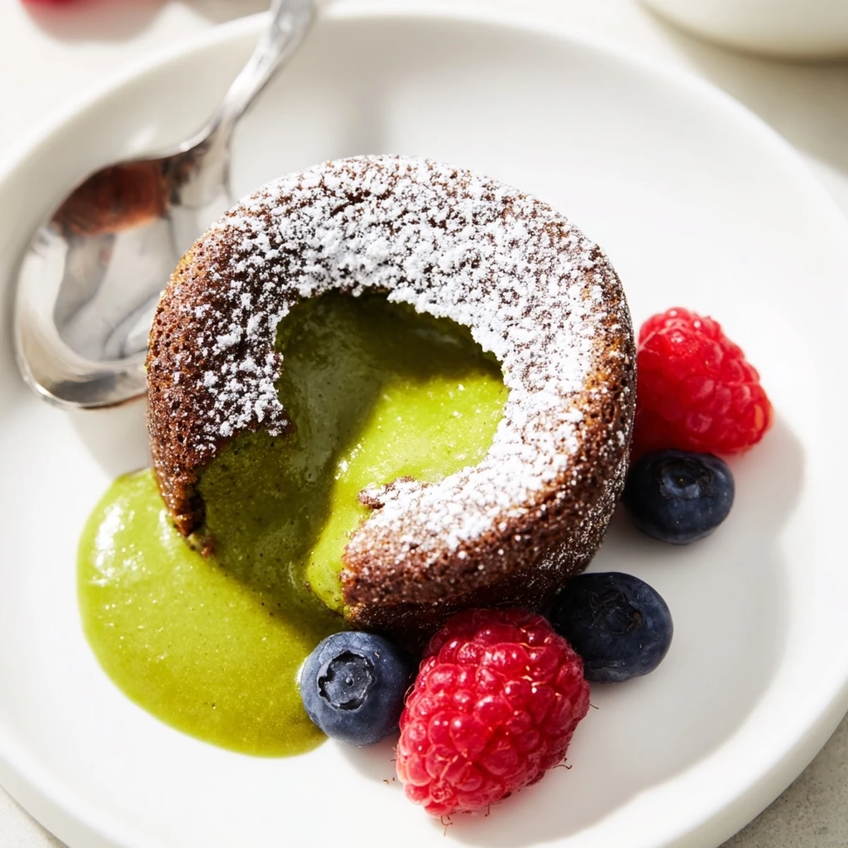 Decadent individual matcha lava cake featuring vibrant molten core dusted with powdered sugar