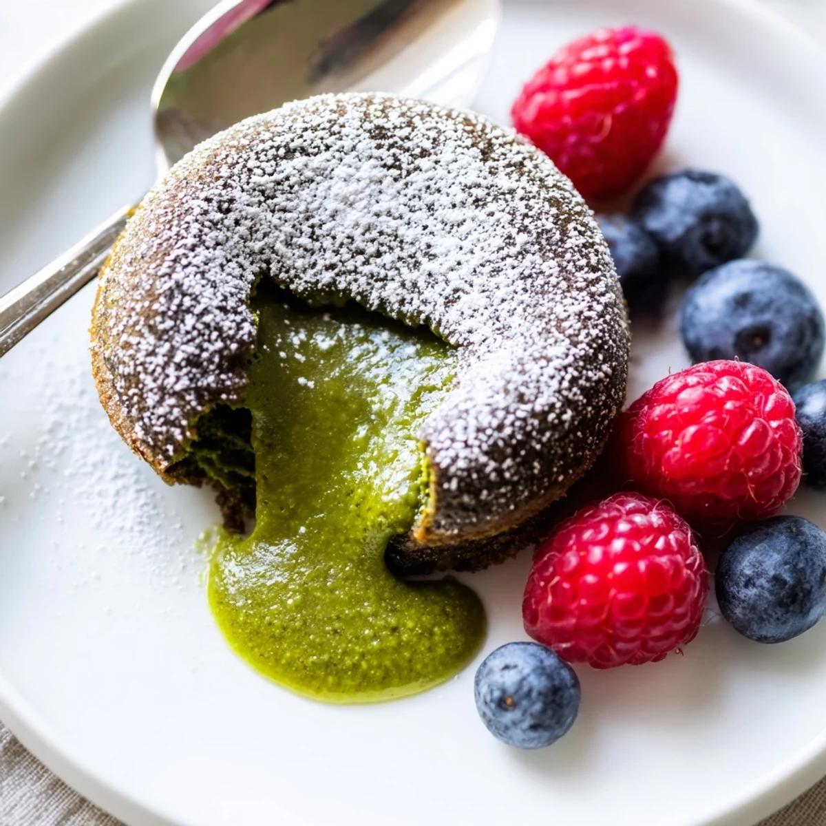 Warm green tea matcha lava cake oozing thick liquid from tender sponge exterior