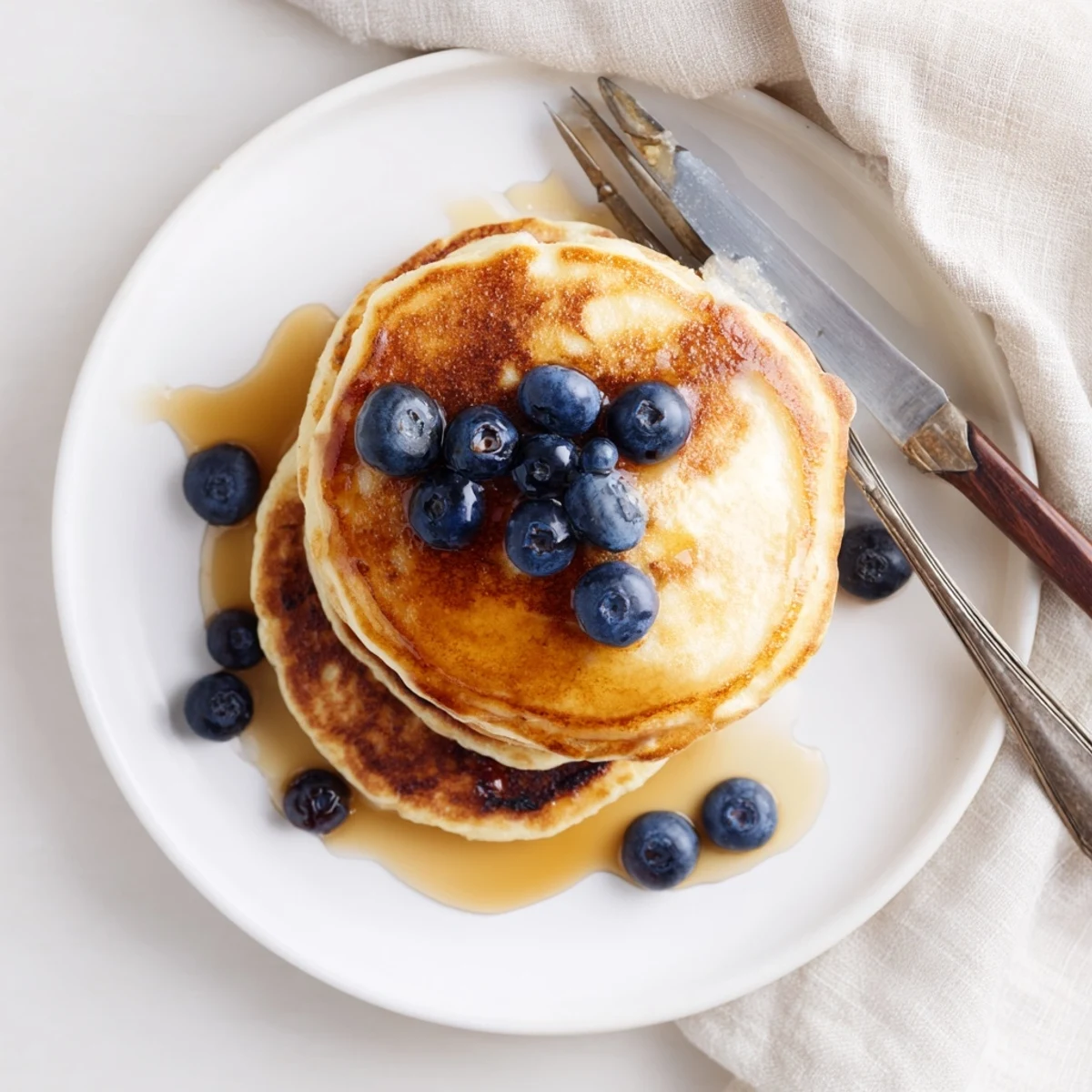 Golden fluffy pancakes stacked high on a white plate with melted butter dripping down the sides