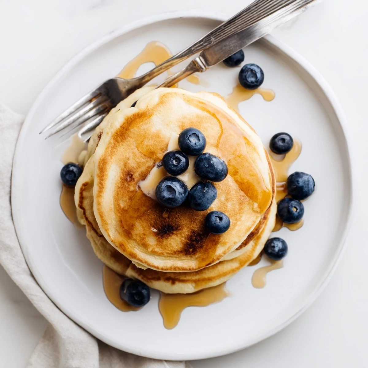 Homemade fluffy pancakes served with fresh blueberries and warm maple syrup on a rustic wooden board