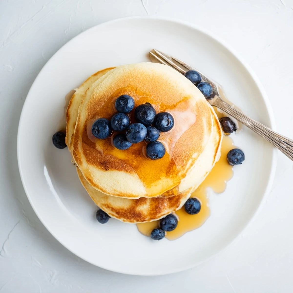 Fluffy pancakes with maple syrup poured generously over a stack of golden brown breakfast treats