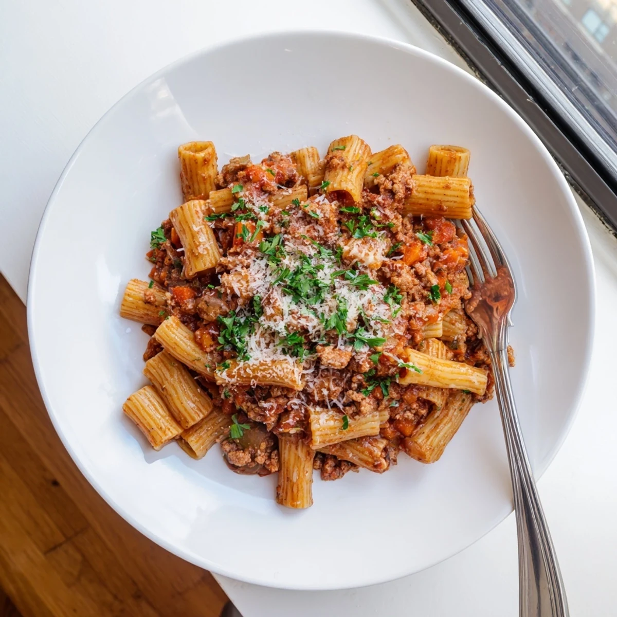 Hearty Turkey Bolognese sauce with ground turkey simmered in crushed tomatoes over fresh pasta.