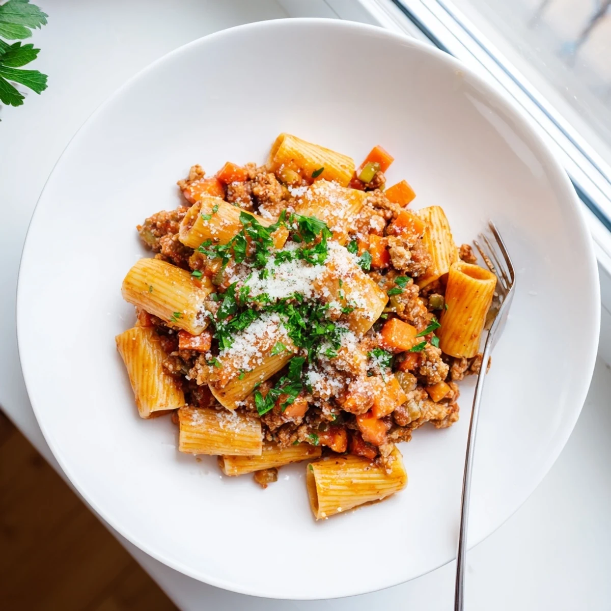 Rustic Turkey Bolognese featuring lean ground meat, aromatic vegetables, and herbs in a rich red sauce.