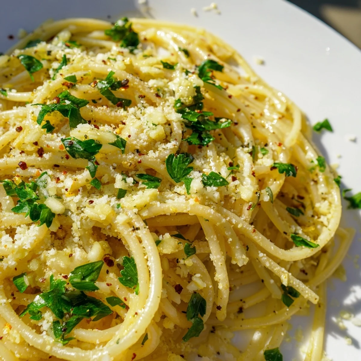 Steaming plate of garlic butter pasta tossed with lemon parmesan and red pepper flakes
